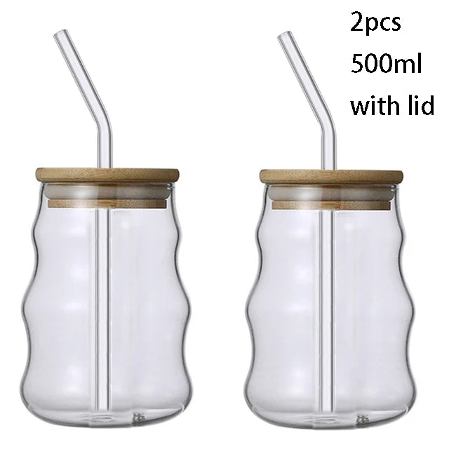 1/2pcs 500ml Glass Tumblers Cups With Straw Mason Jar Clear Juice Coffee Milk Cup With Bamboo Lids Drinkware Stripe Beer Mug