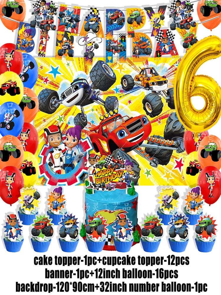 Blaze Monster Machines Theme Birthday Party Supplies Decor Cartoon Truck Balloon Banner Backdrops Cupcake Topper for Kids Gifts