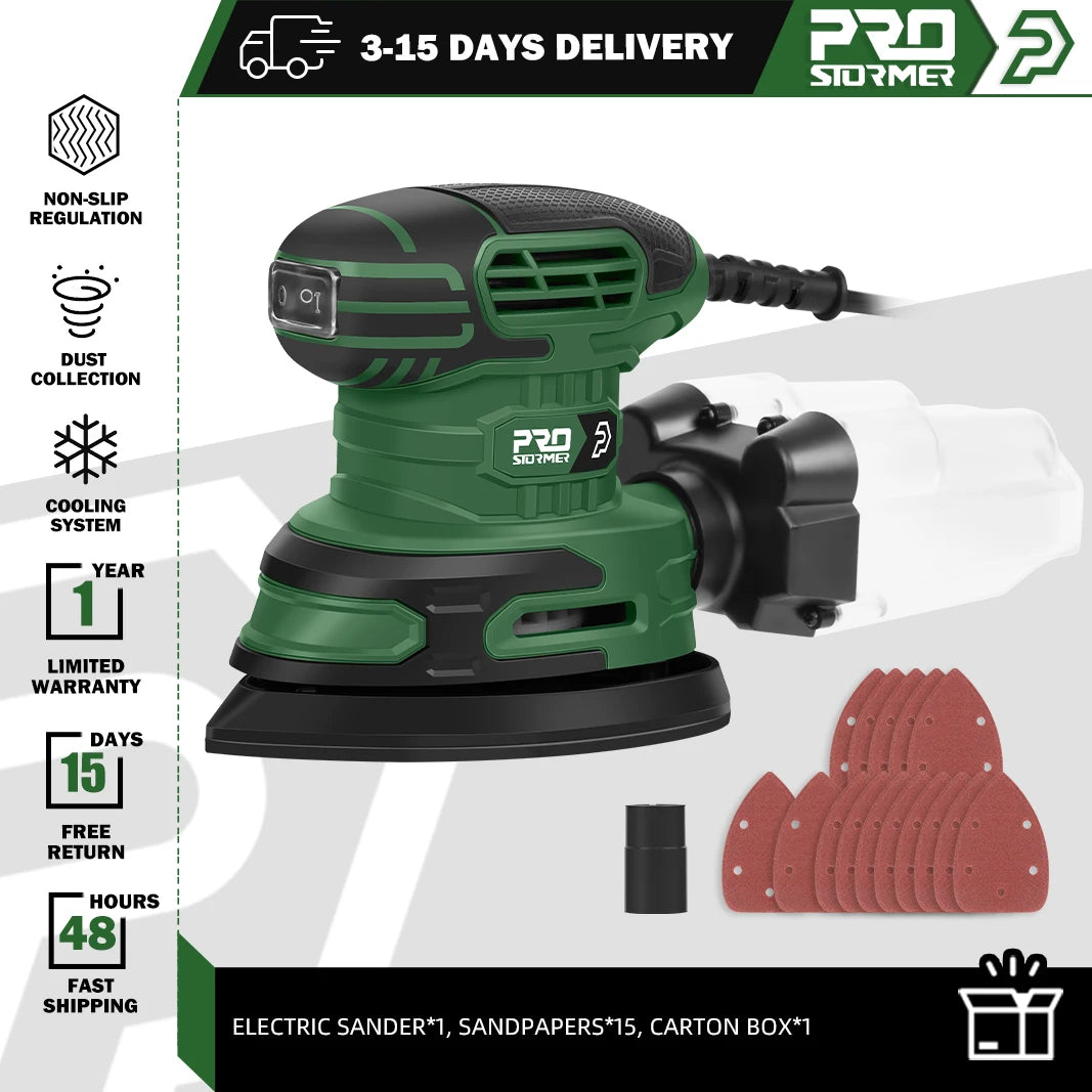 230V Random Orbital 240W Electric Detail Sander Machine Strong Dust Collection 15Pcs Sandpapers olishing Tool PROSTORMER