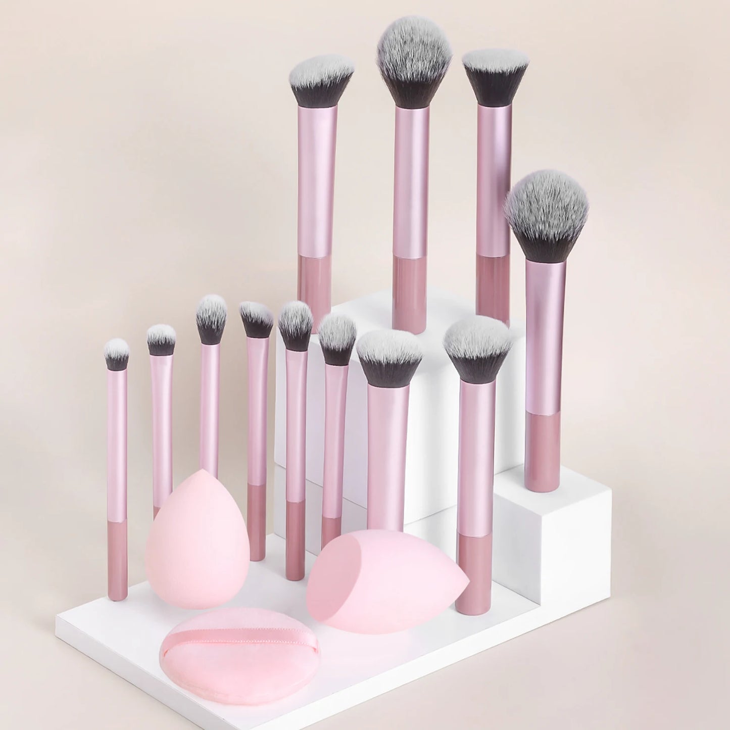 15pcs professional makeup brush set - classic everyday including 2pcs bevel and water drop beauty egg, 1 powder puff beauty tool