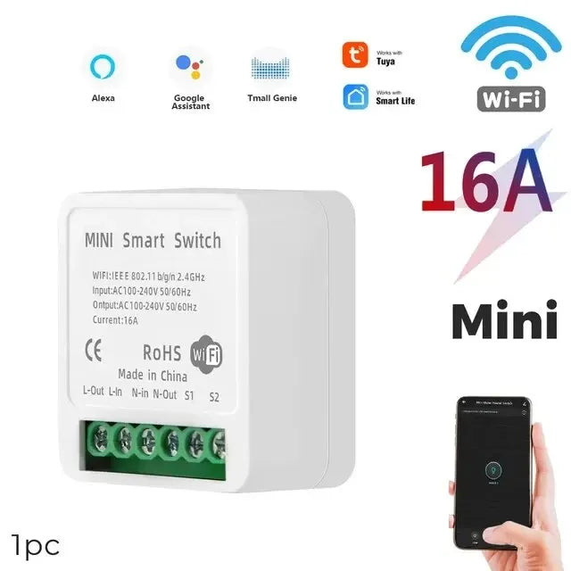 Tuya Mini 16A WiFi Switch Smart Life App 2 Way Control Smart Home Automation Module Interruptor Work for Alexa Google Home