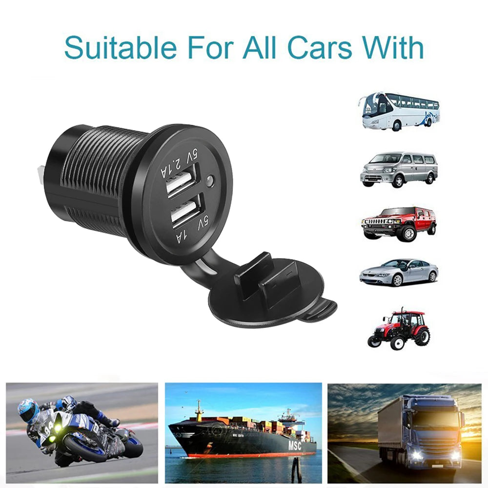 Dual USB 5V 3.1A 12V Car Charger with LED Panel Waterproof Power Adapter Socket Outlet for Vehicle Boat Truck Motorcycle