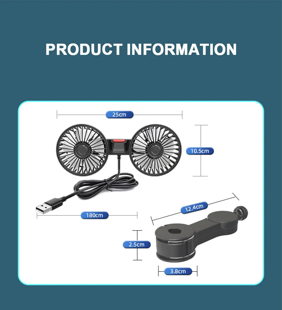SEAMETAL 3-speed Car Seat Back Cooling Fan USB Charge Dual Head Fan 360 Degree Rotation Neck Cooler for Summer Car Accessories