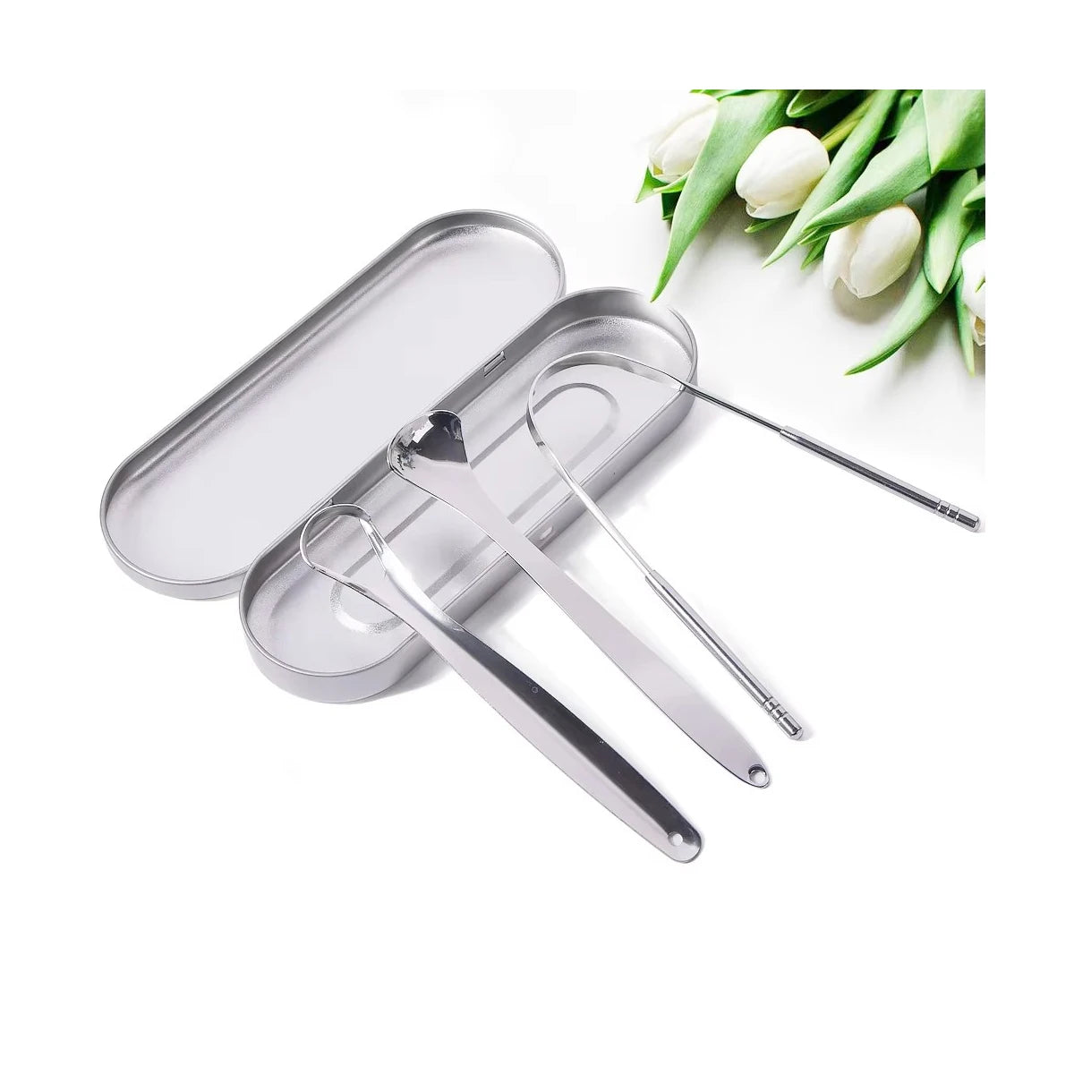 Set of 3 Tongue Scrapers for Adults Tough Metal Tongue Cleaner w/Storage Case Stainless Steel Tongue Scrubber for Fresh Breath