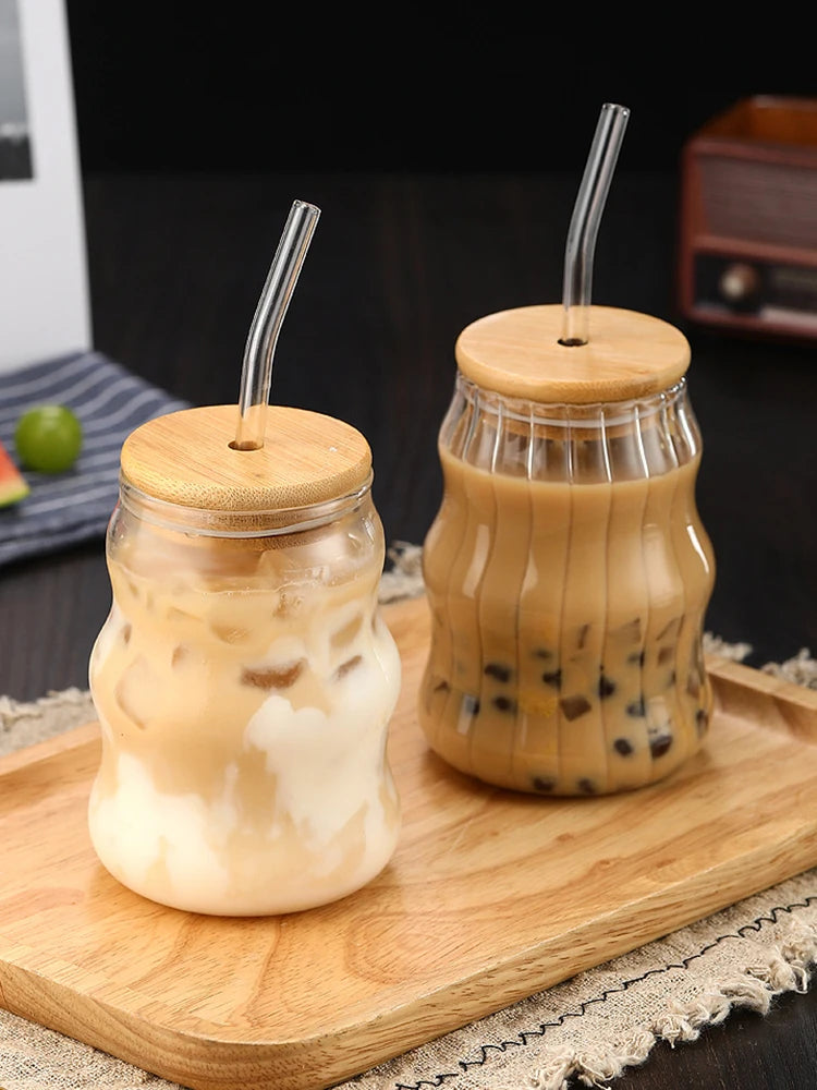 1/2pcs 500ml Glass Tumblers Cups With Straw Mason Jar Clear Juice Coffee Milk Cup With Bamboo Lids Drinkware Stripe Beer Mug