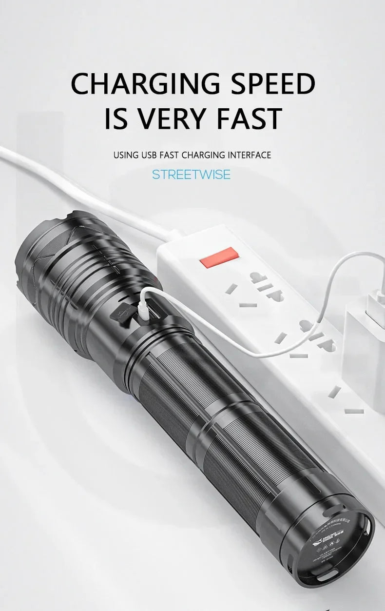 LED Tactical Flashlight Super Bright Spotlight Power Display Long Range Zoomable Torch Outdoor Emergency Tactical Search Lantern