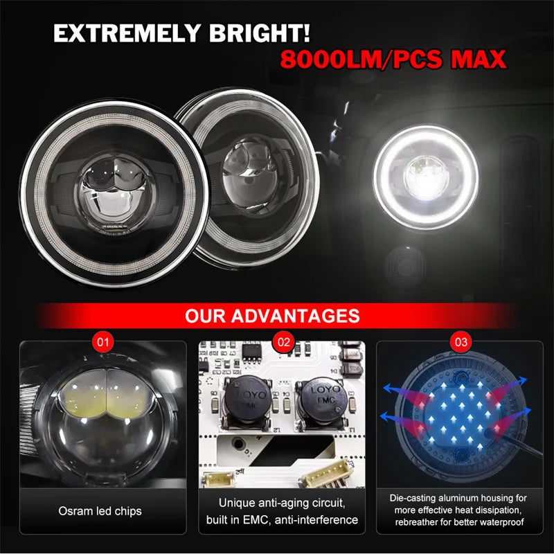 Car 7" Headlight for Land Rover Defender 90 110 Round LED Headlights DRL With Yellow Signal Light for Lada Niva 4X4 Jeep JK LJ