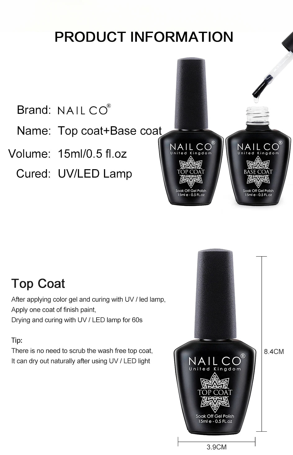 NAILCO 15ml Hema Free TPO Free Top Coat And Base Coat Art Design Gel Nail Polish Top Base Coat UV LED Soak Off Gel Nail Varnish