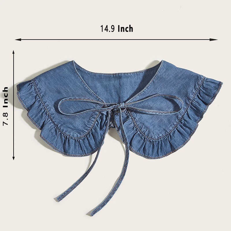 Women's Washed Denim Shawl Collar with Pleated Lace and Fashionable Fake Collar