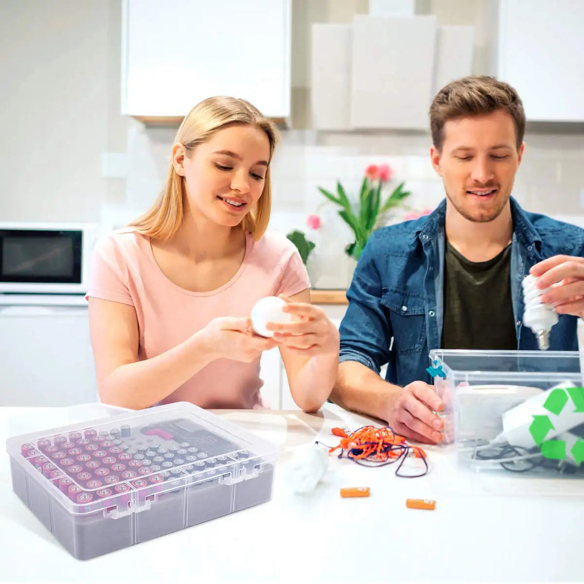 Battery Storage Organizer Box with Battery Tester, Garage Caddy Case Holder Container Bag Holds 90+ Batteries 40 AA