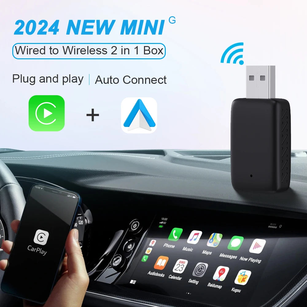 New Wireless CarPlay Android Auto Adapter 2in1 Smart Mini Box USB Plug&Play Bluetooth WiFi Fast Connect Universal Carplay Box
