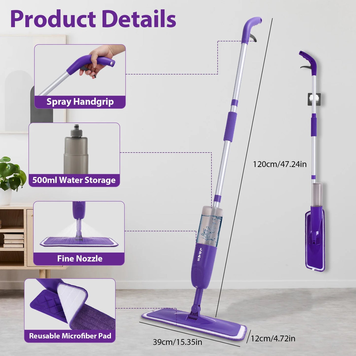 DARIS Spray Mop, 500ml Bottle, 3 Microfiber Mop Pads, Scraper, Mop Clip, Wet and Dry Use, Flat Floor Cleaning Mop