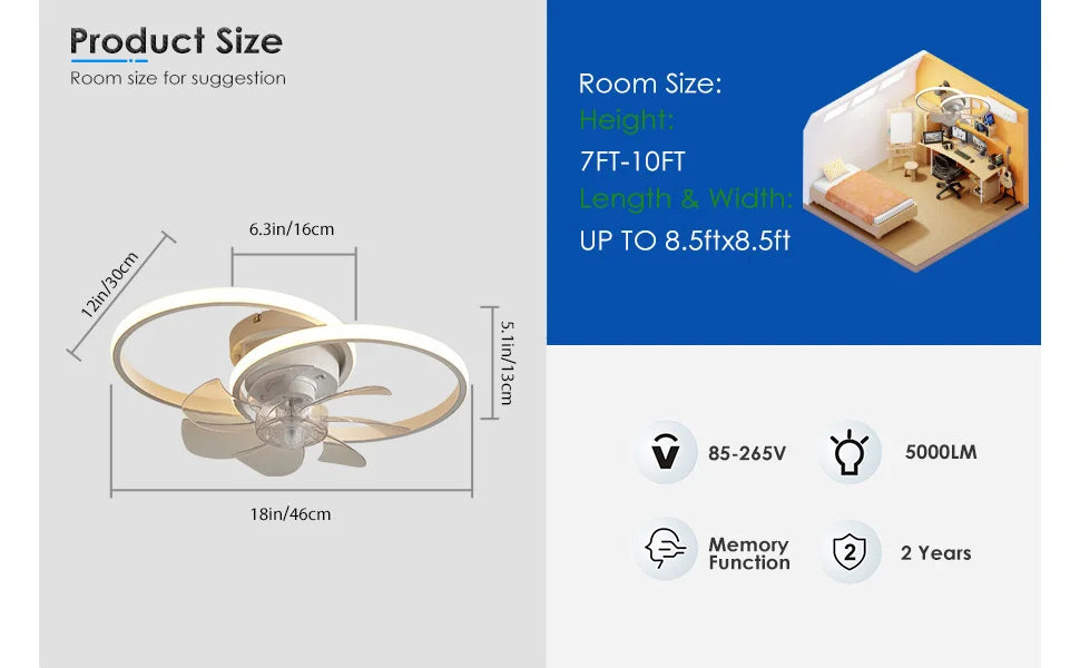 Modern Ceiling Fan with Light, Low Profile Ceiling Fan with Remote for Bedroom Kitchen Room LED Dimmable, Small Fan Light