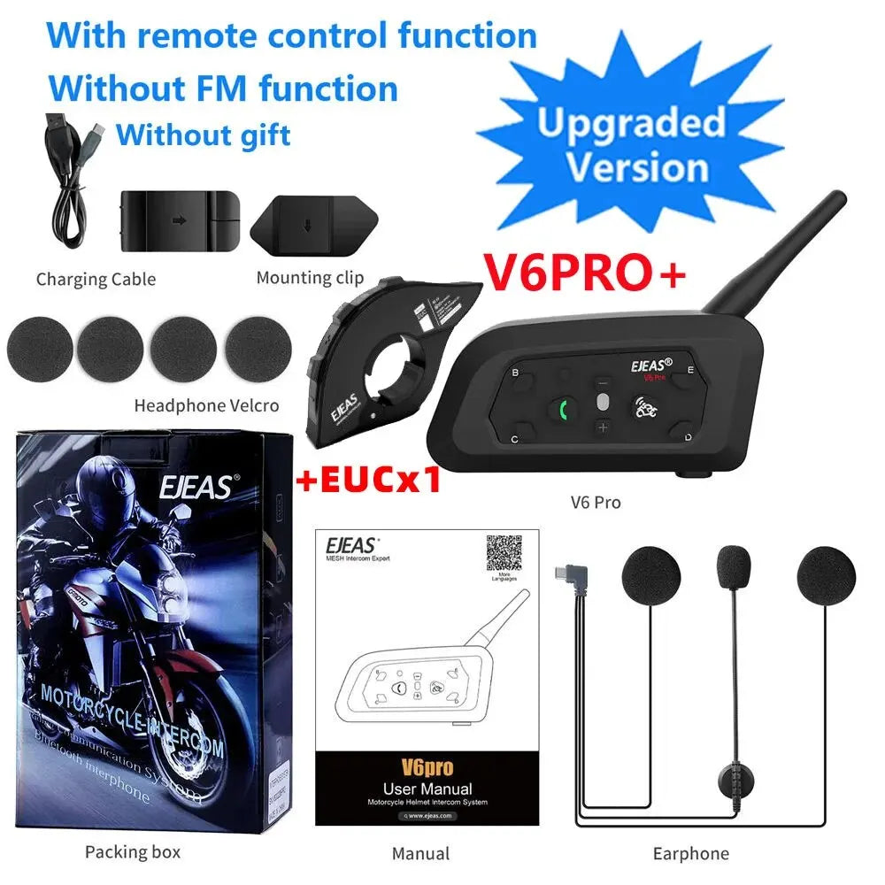 EJEAS V6 PRO +/PLUS Bluetooth Motorcycle Helmet Intercom Headset with 800M BT Interphone Communicator for 6 Riders Waterproof
