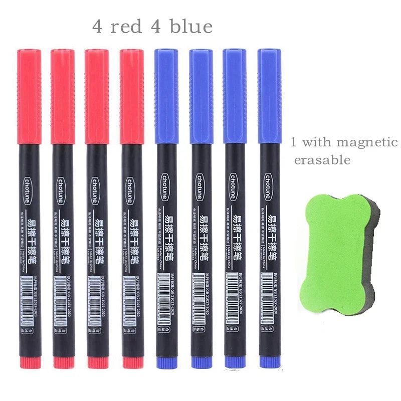 8pcs Erasable Whiteboard Pen 0.5mm Fine Point Black/Blue/Red Ink Blackboard Marker School Office Art Writing Stationery