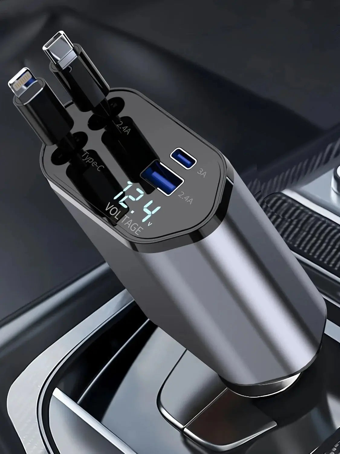 Retractable Car Charger, 4 in 1 Fast Charging Car Charger 120W, Retractable Cable and 2 USB Ports Car Charger Adapter Compatible