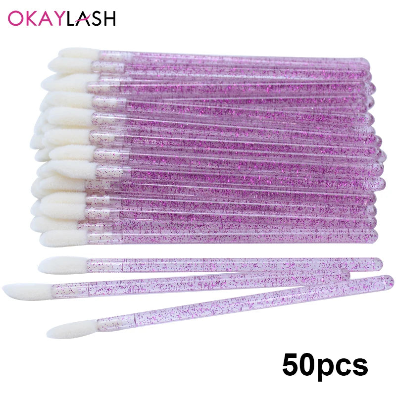 Okaylash Disposable Glitter Lip Gloss Brush Eyelash Extension Cleaning Brushes Crystal Lipstick Applicators Cleaner Makeup Tools