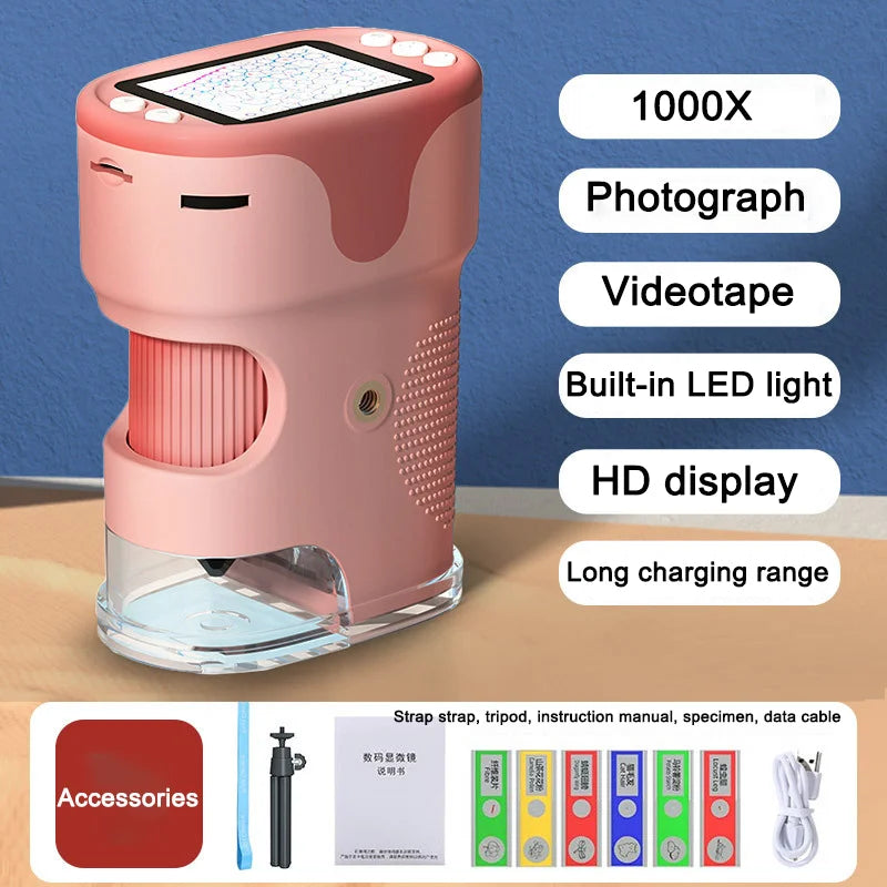 Handheld Digital Microscope For Kids With 2Inch HD Screen Videotape 200-1000X Pocket Microscope Educational Gift For Children