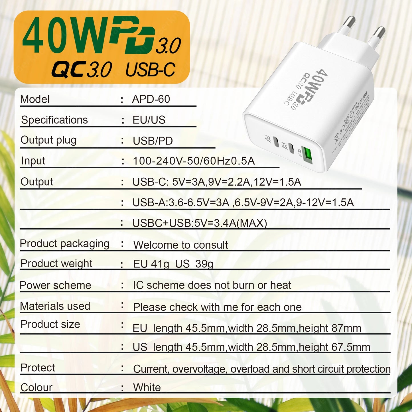 PD 60W USB Charger 3 Ports Type C Fast Charging Phone Charger Adapter For iPhone Xiaomi Samsung Huawei EU/US Plug Wall Charger