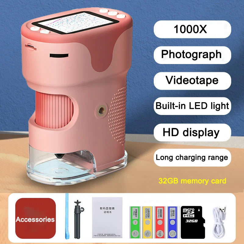 Handheld Digital Microscope For Kids With 2Inch HD Screen Videotape 200-1000X Pocket Microscope Educational Gift For Children