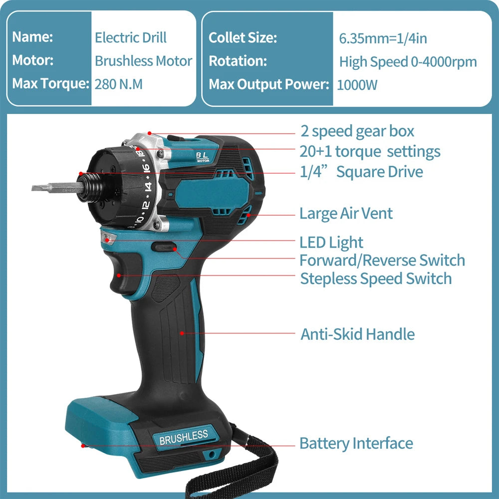 1000W Cordless Electric Screwdriver 20+1 Torque 1/4inch Brushless Electric Drill Power Tool for Makita 18v Battery 280N.m