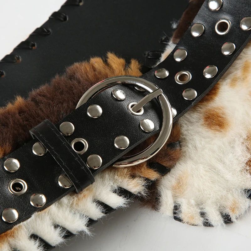 SUCHCUTE Vintage Faux Fur Patchwork Pu Leather Belt Punk Western Cowboy Accessories Y2K Women's Waistband Retro 2000s Decorative