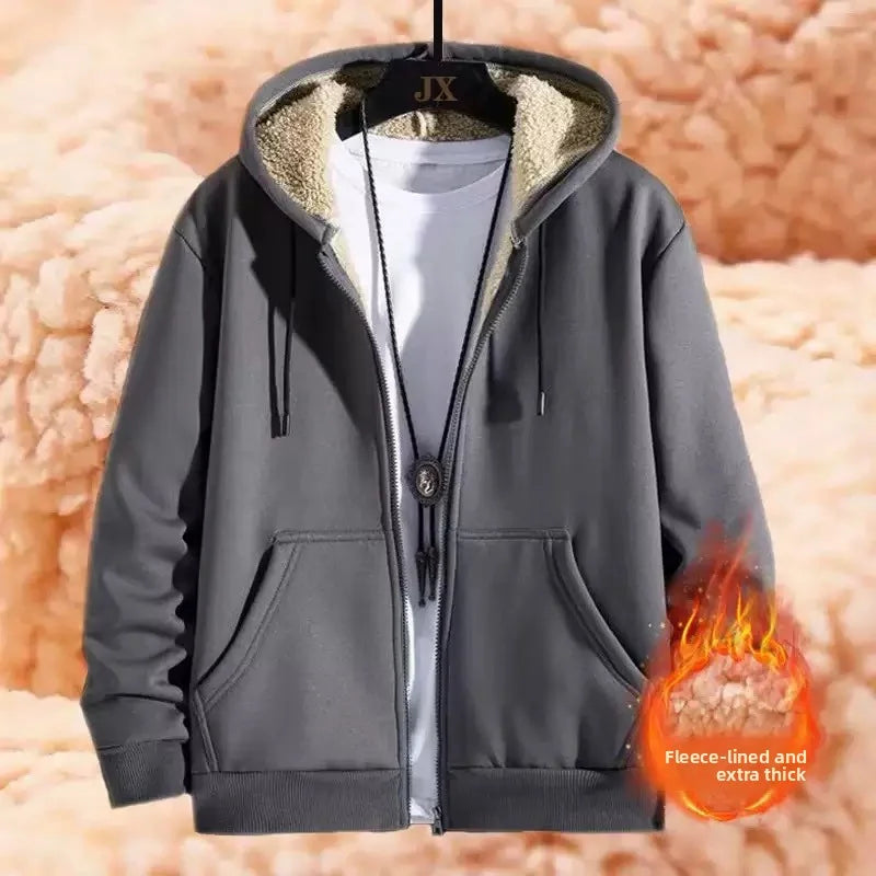 Autumn and winter sherpa jacket heavyweight velvet thickened men's sweatshirt solid color tops teenagers hooded cardigan men