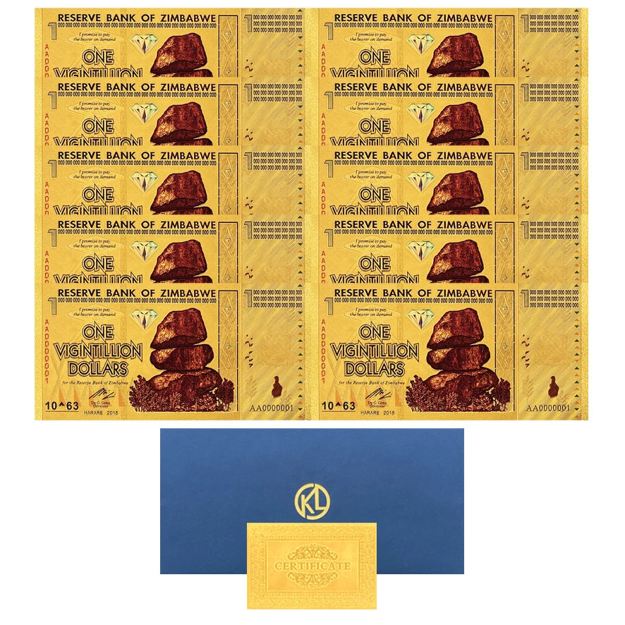 Zimbabwe One Vigintillion Dollars Gold Plated Banknote 24k Gold Banknote With UV Light  For Souvenir And Collection Gifts