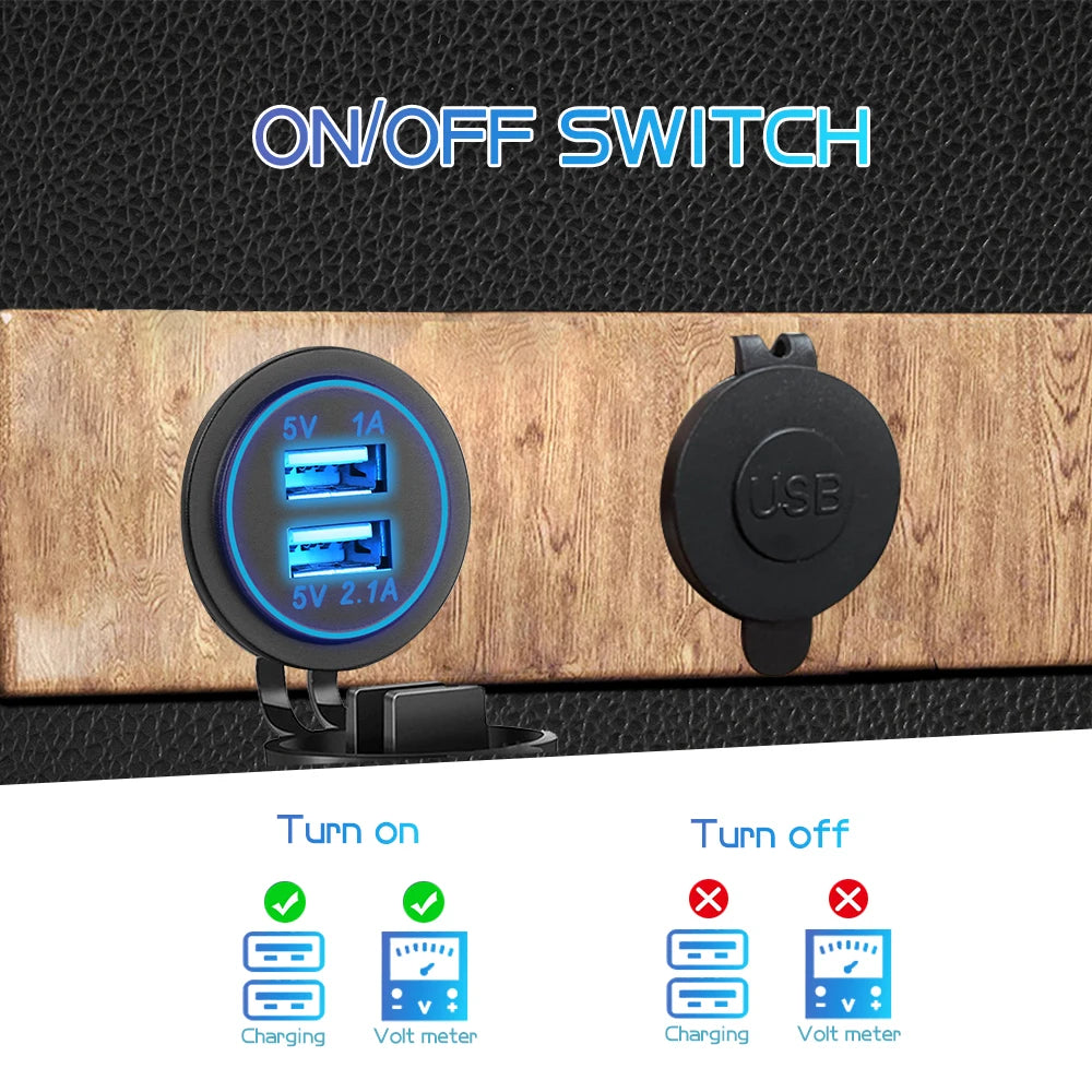 Dual USB 5V 3.1A 12V Car Charger with LED Panel Waterproof Power Adapter Socket Outlet for Vehicle Boat Truck Motorcycle