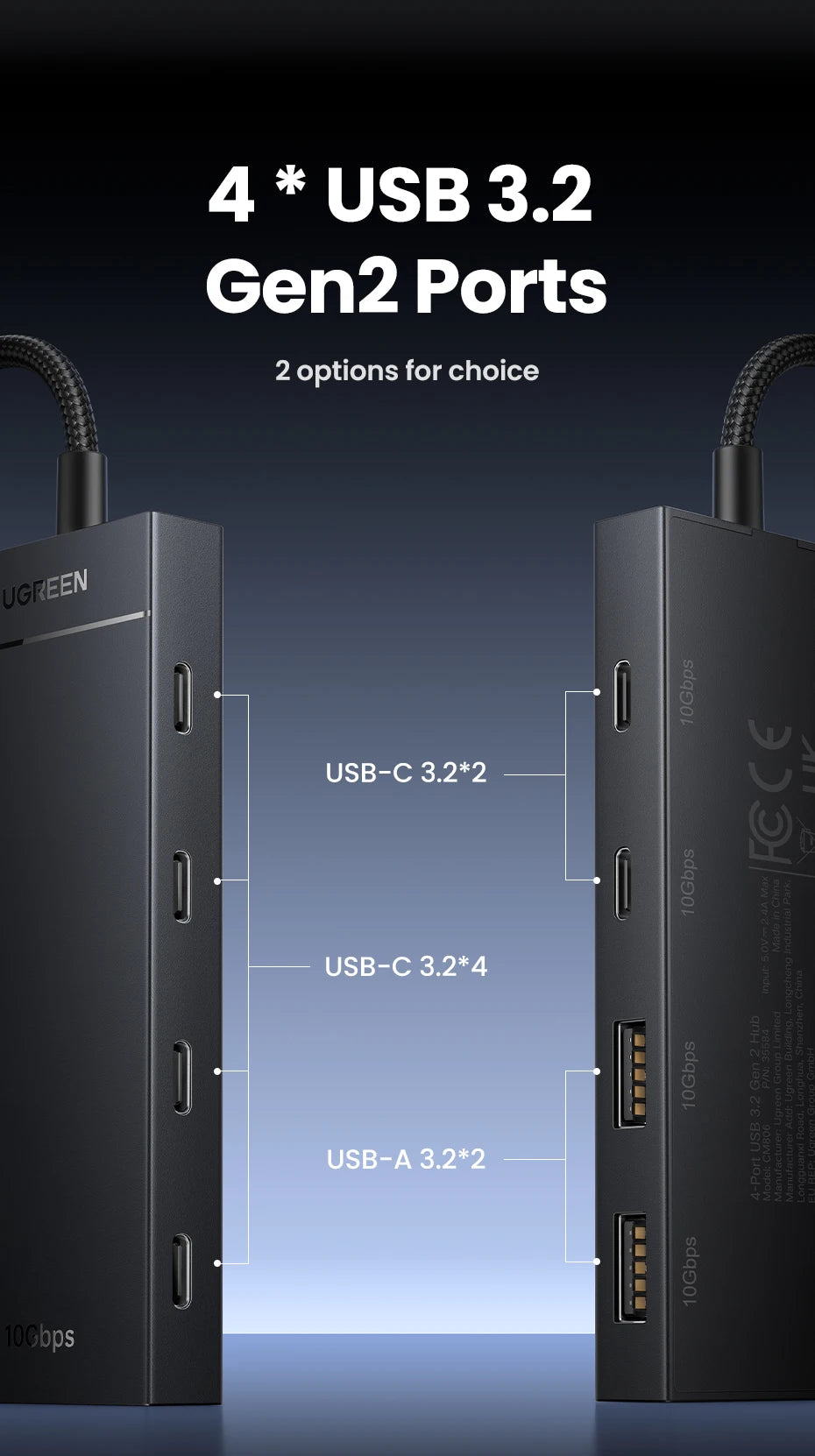 UGREEN USB C HUB 10Gbps Type-C 3.2 Gen2 USB Splitter USB C USB A Hub 4 USB Port 3.2 for MacBook Pro Air Type C Multiport Adapter