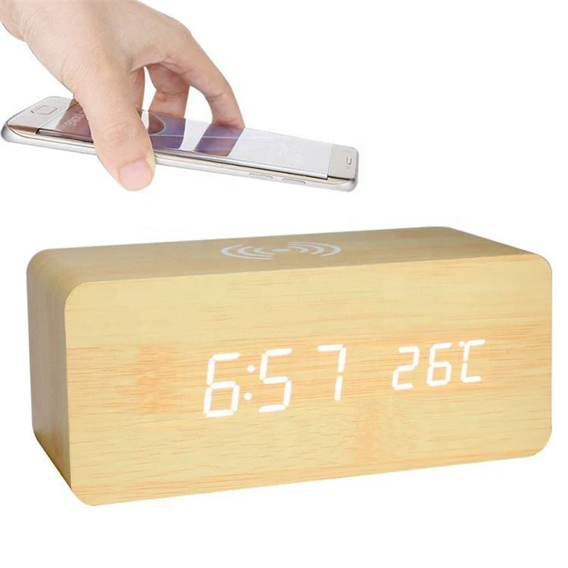 Wooden Digital Alarm Clock with Wireless Charging, LED Clock with Time, Date,Temperature, Desk Clocks for Office,Bedside Clock