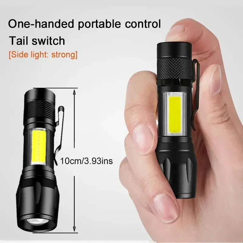 LED Flashlight Rechargeable USB Torch Pocket Flash Light COB Side Searchlight High Lumens Zoom Emergency Light with Pen Clip