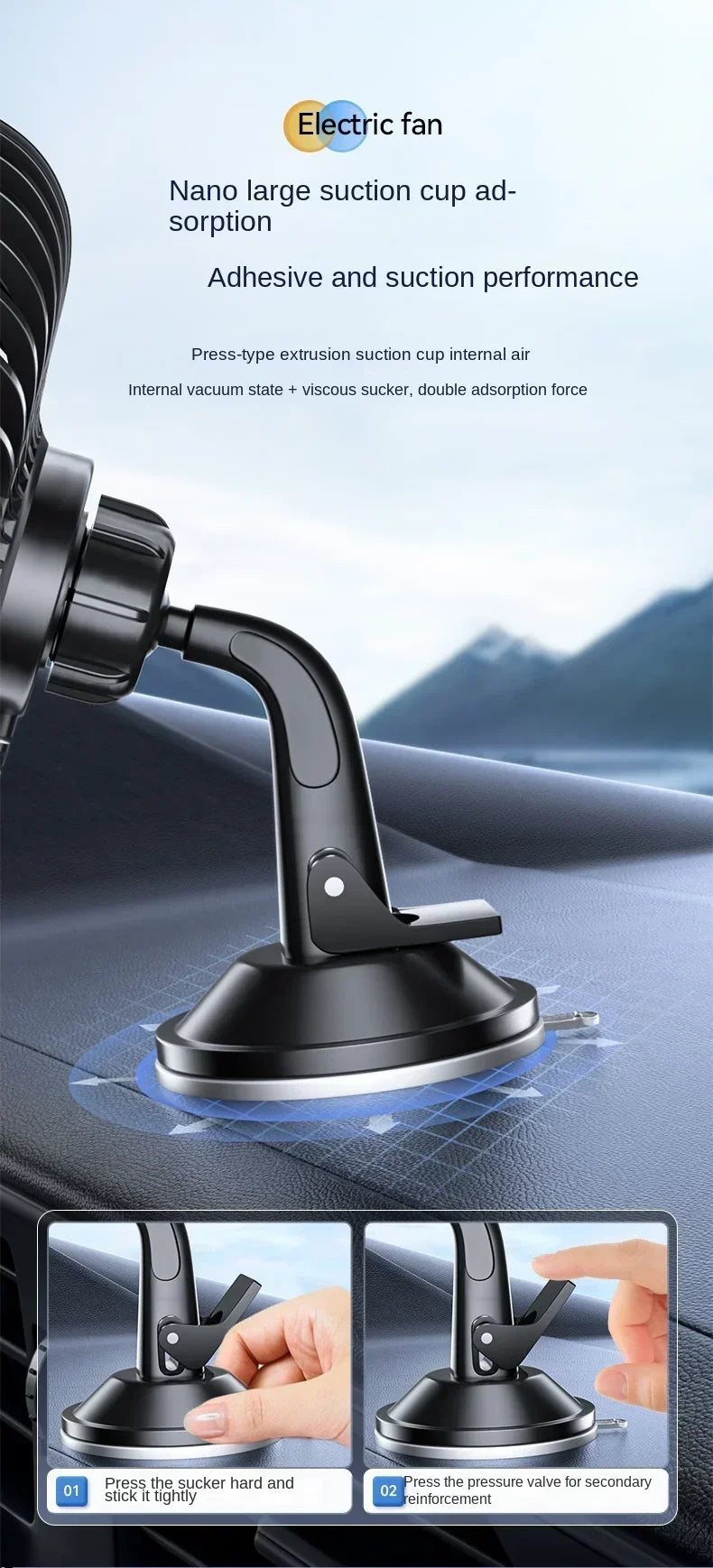 Suction Cup Car Fan 360° Rotatable USB Interface Low Noise 3-Speed Control Powerful Car Cooling Fan for Home Desk Office Car