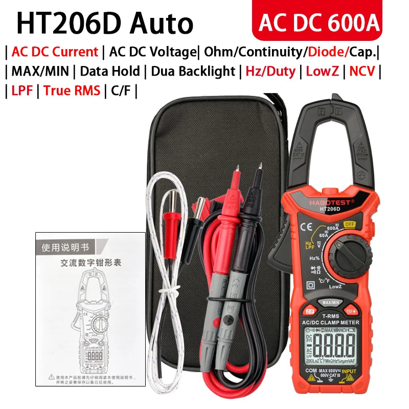 HABOTEST Digital Clamp Meter HT206A HT206B HT206D 600A AC DC Current Two-color Backlight NCV Voltmeter Ammeter With Leather Case