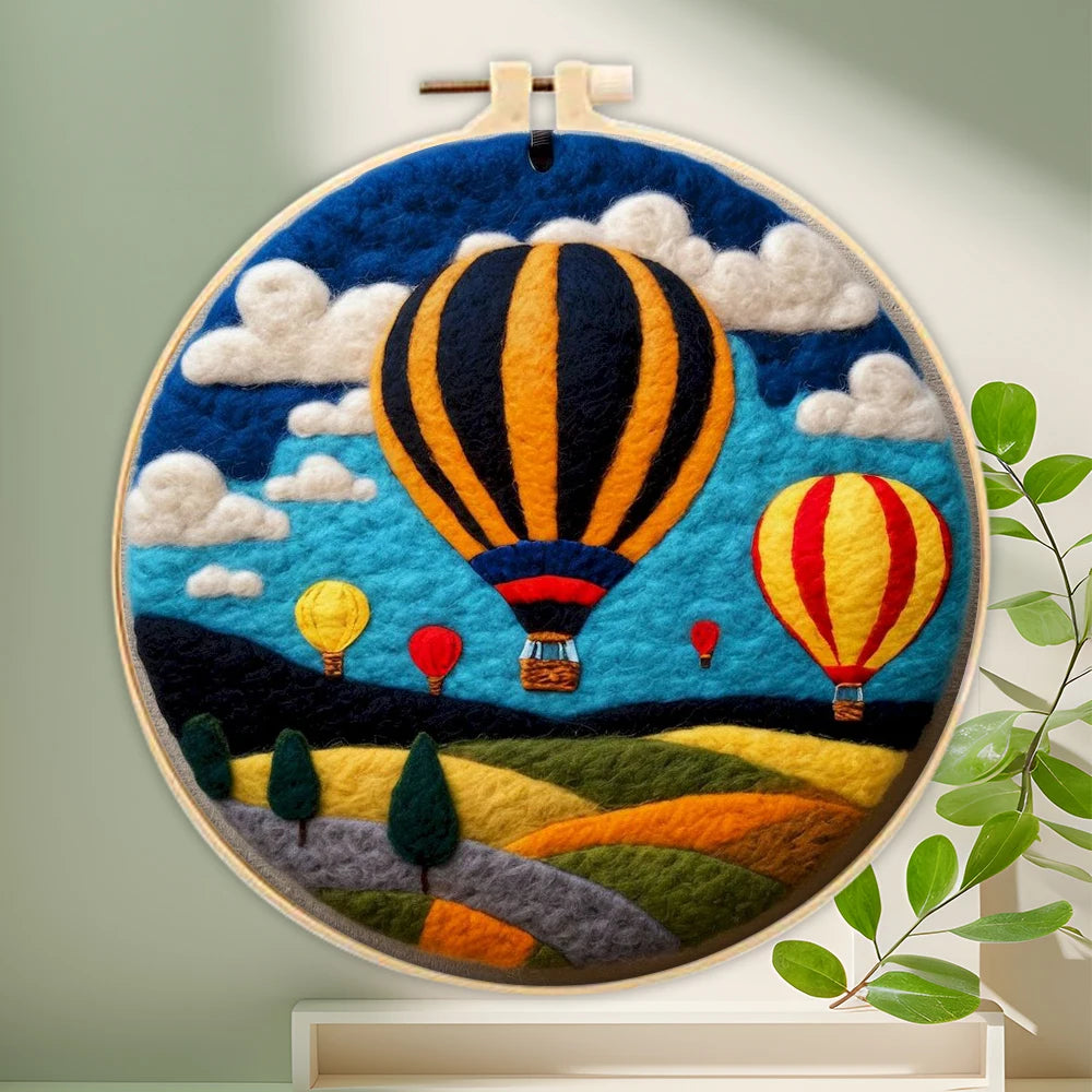 PhotoCustom DIY Wool Felting Painting Kit With Frame Handmade Needle Wool Painting Hot Air Balloon For Home Decors Crafts Gift
