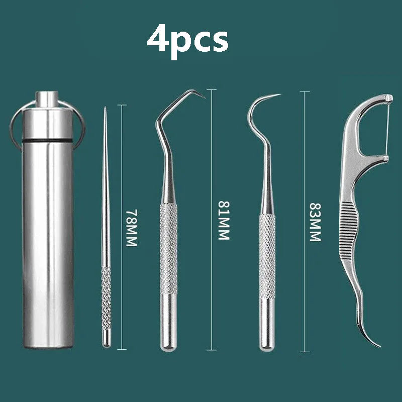 Portable Dental Tool Set Flossing Tooth Picking Tool Metal Stainless Steel Spiral Ear Pick Spoon Kit Oral Hygiene Tartar Removal