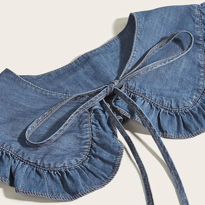 Women's Washed Denim Shawl Collar with Pleated Lace and Fashionable Fake Collar