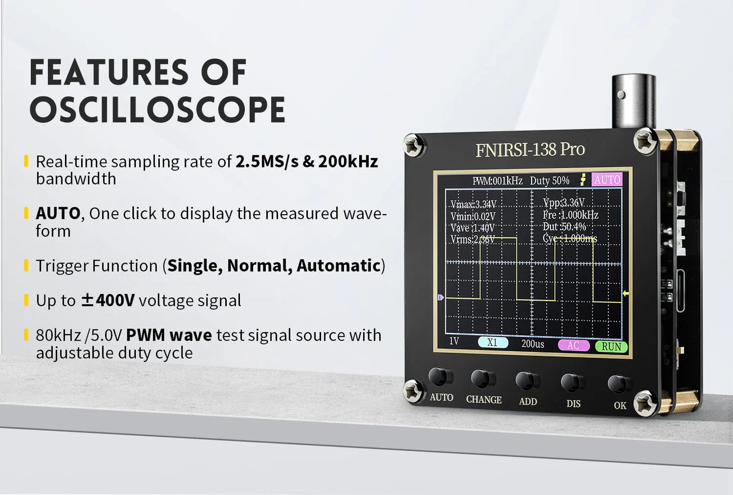 FNIRSI-138 PRO DSO152 Handheld Digital Oscilloscope 2.5MSa/s 200KHz Analog Bandwidth Support AUTO,80Khz PWM And Firmware Update