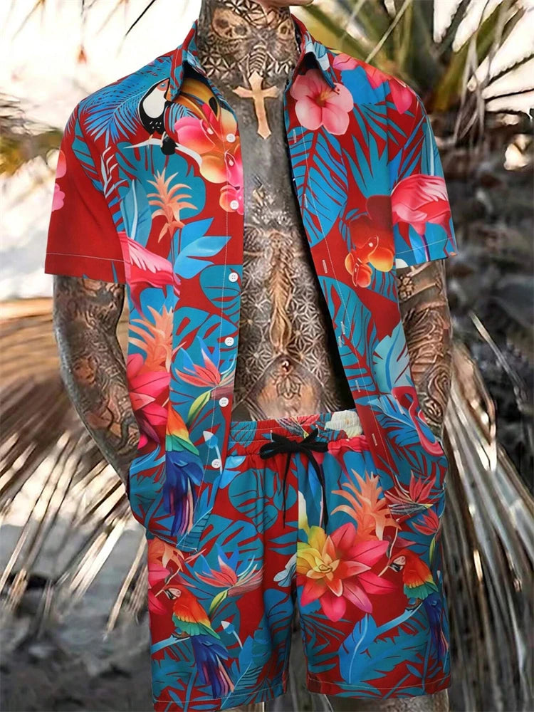 Men's New Hawaiian Short-Sleeved Shirt Shorts Set Summer Daily Travel Shirt Beach Casual Drawstring Shorts Jungle Print Set