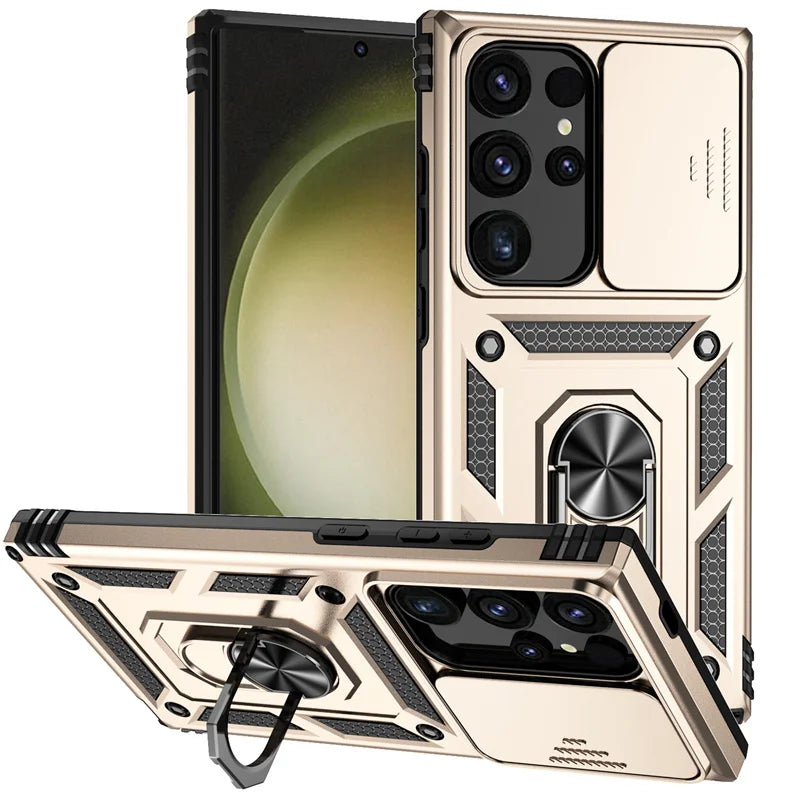 Armor Magnetic Bracket Case for Samsung S25 S24 S23 S22 S21 S20 Note 20 Ultra S10 Plus Slide Camera Protection Shockproof Cover