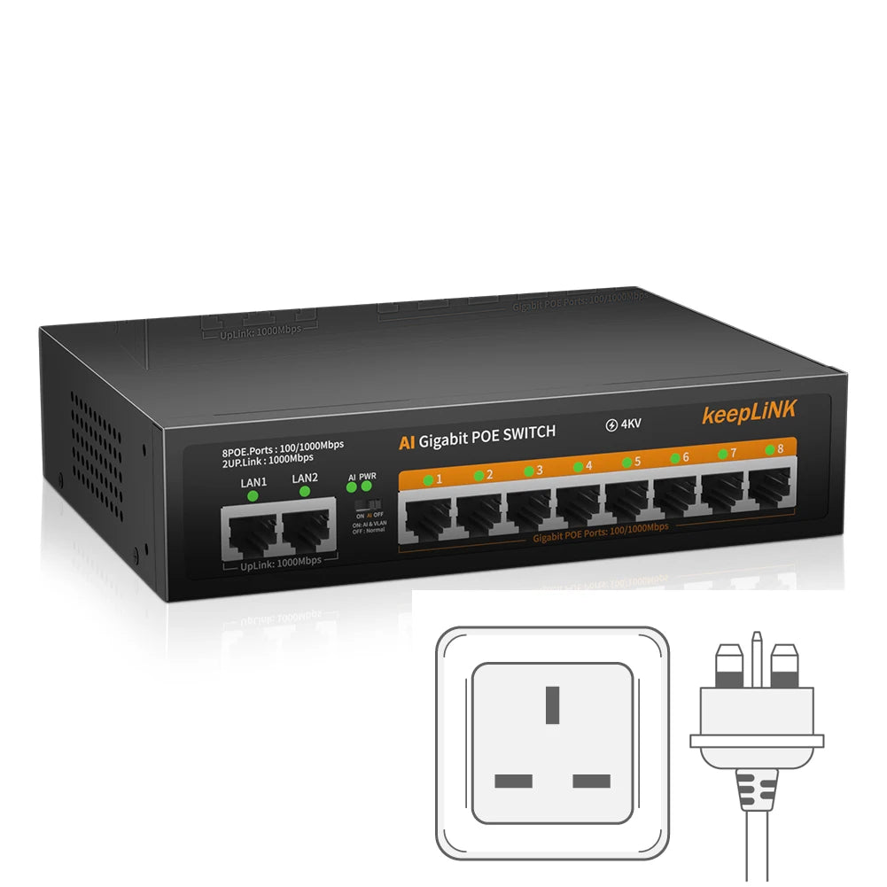 KeepLiNK 10-Port Gigabit Switch with 8-PoE and 2-RJ45 for Uplink Unmanaged Plug and Play