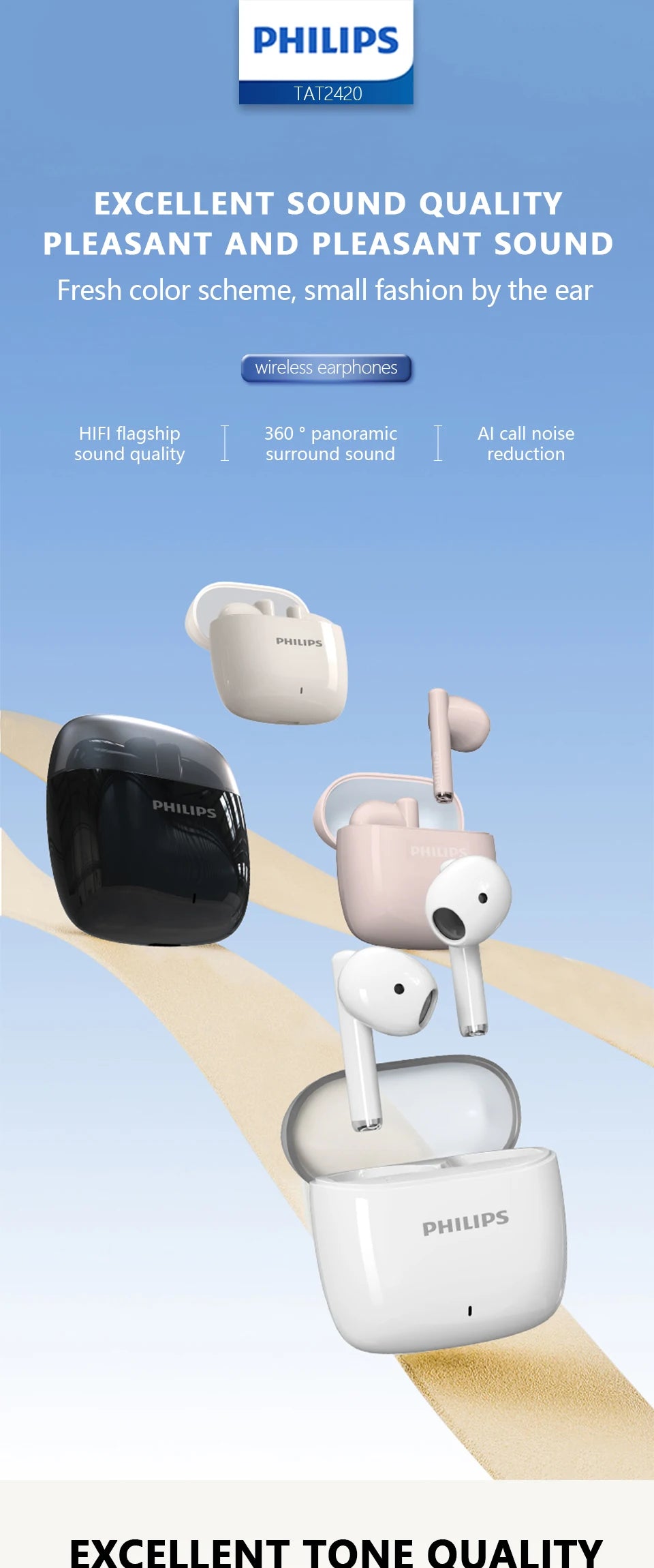 PHILIPS TAT2420 Semi-in-ear Wireless Bluetooth Earphones HIFI Sound Quality Call Noise Reduction Mini Portable Music Headset