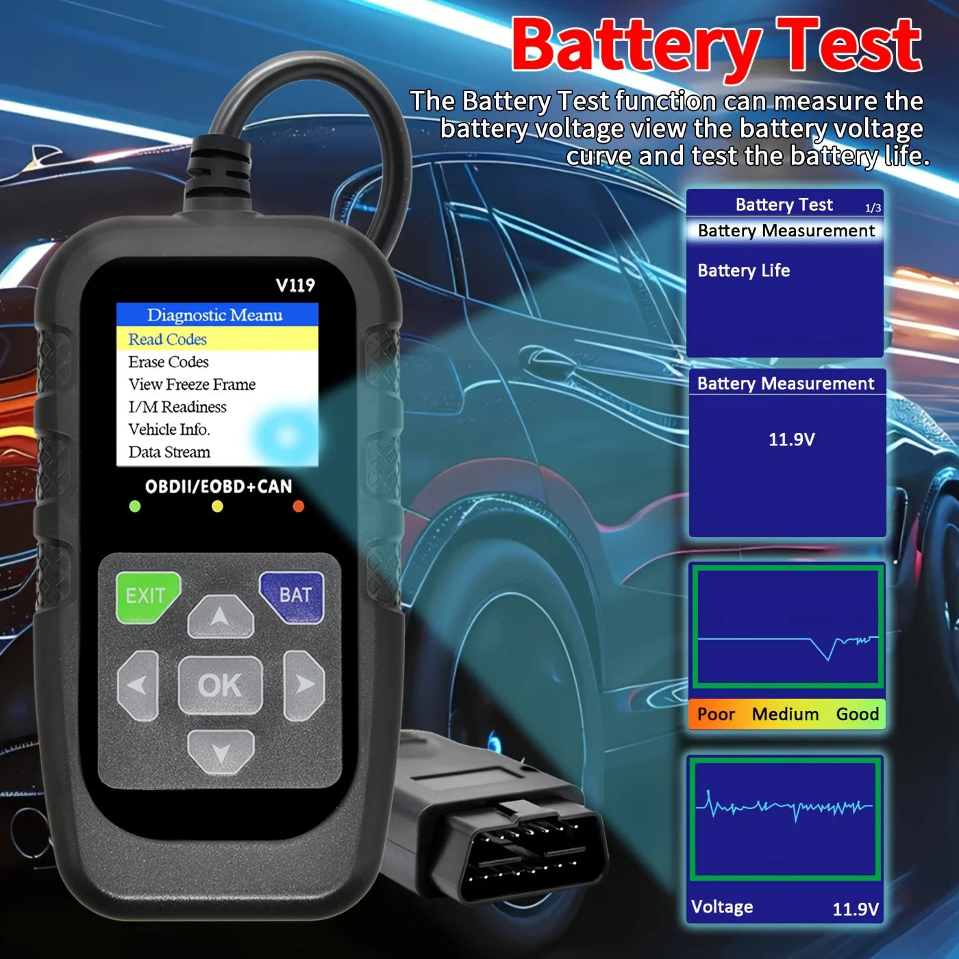 Car Obd2 Scanner Diagnostic Tool, Car Voltage Tester Engine Fault Code Reader, Ebd+Can Charging Tester Diagnostic Tool, Suitable for Obdii Protocol, Practical Tool for Automobile Inspection