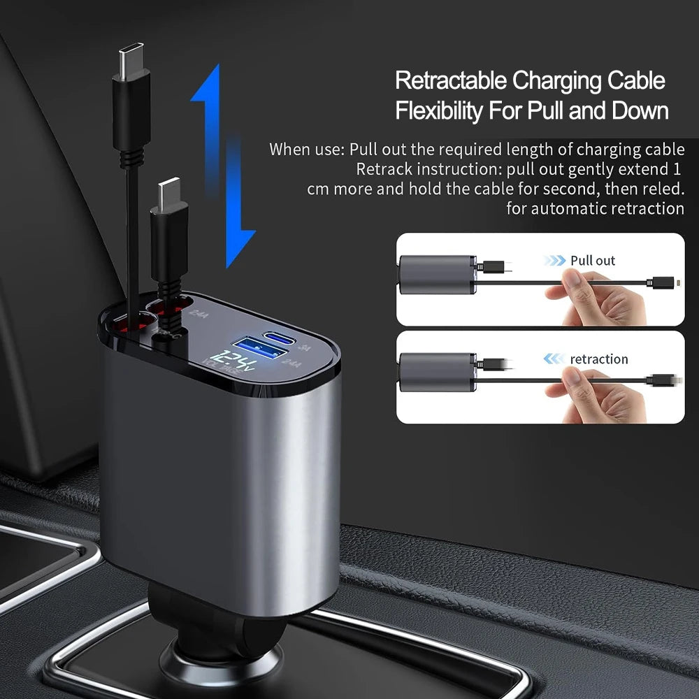 4 IN 1 Car Charger Fast Charging USB Type C 100W LED Car Phone Charger Retractable Cable Adapter For iphone Samsung HuaweI