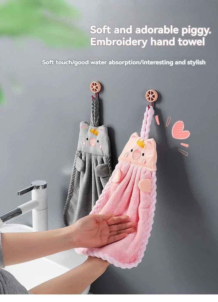 Soft Coral Velvet Hanging Towel with Adorable Piggy Embroidery for Bathroom Kitchen Dishwashing Handkerchief Cloth