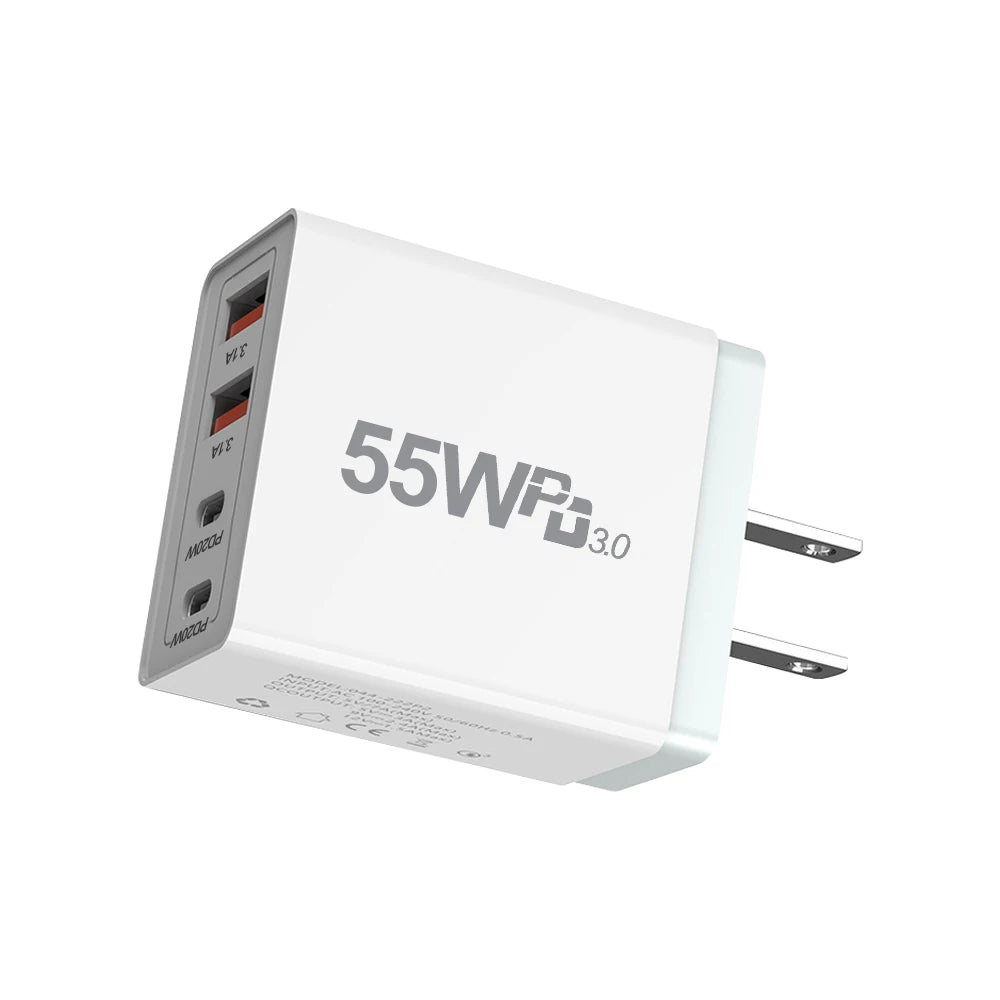 New Universal 55W  fast charging 4Ports Dual PD Type C USB Wall Charger US Power Adapters For Iphone  Ipad Universal  Xiaomi LG