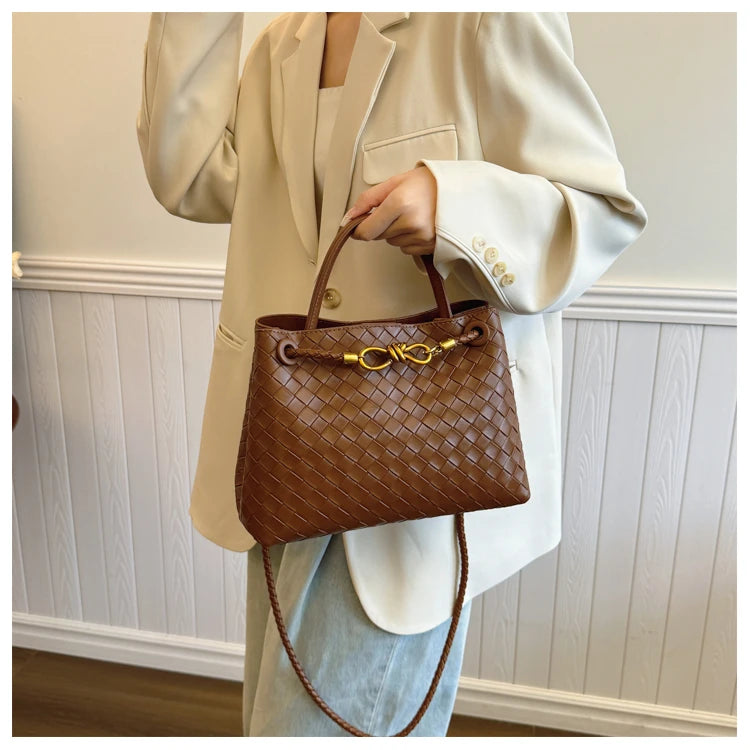 Women's Solid Color Plaid Texture Large Capacity Daily Travel Handbag Shoulder Bag