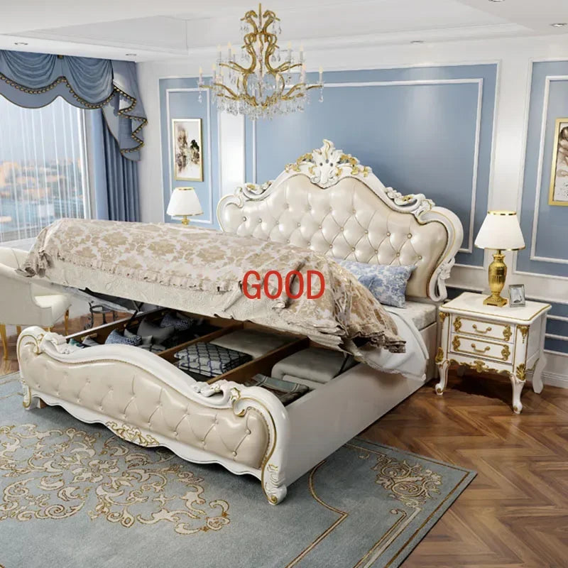 European Luxury Modern Double Bed Frame Mattress Storage Solid Wood Princess Bed Queen Size Cama Bedroom Set Furniture
