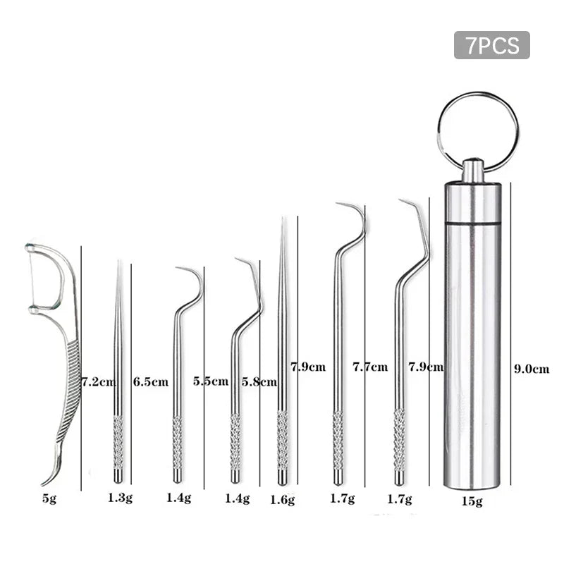 Portable Dental Tool Set Flossing Tooth Picking Tool Metal Stainless Steel Spiral Ear Pick Spoon Kit Oral Hygiene Tartar Removal
