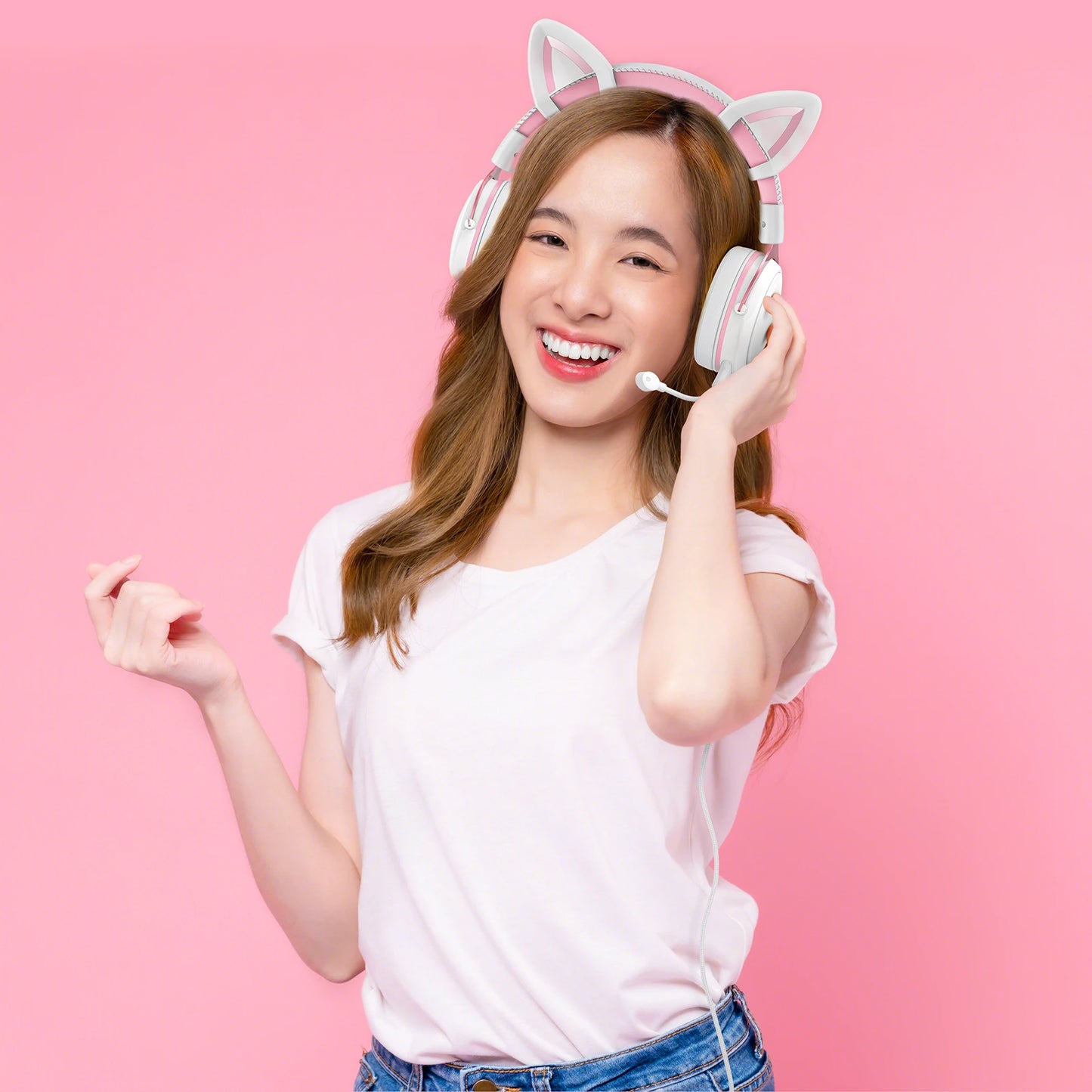 onikuma Cat Ear Gaming Cute Headset, Wired Over-Ear Headphones with Noise Cancelling Microphone, Surround Sound, LED Backlight f